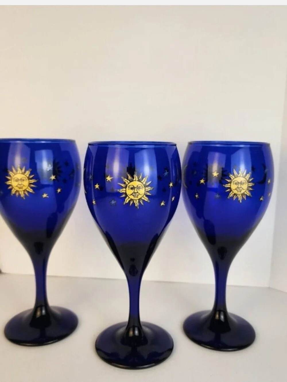 Libbey Cobalt Blue Wine Glasses with Gold Sun and Star Motif